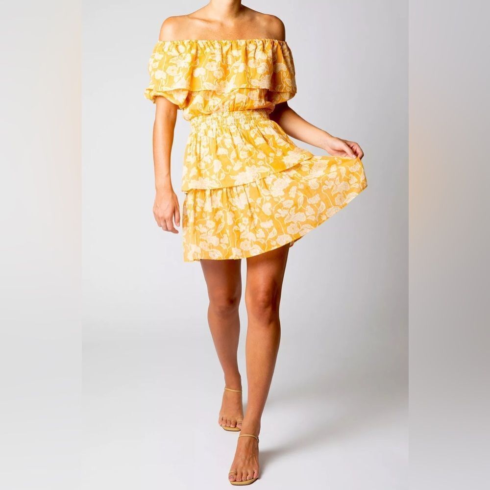 Miguelina Sunny Yellow Floral Off-Shoulder Mini Dress Size Small 100% Cotton